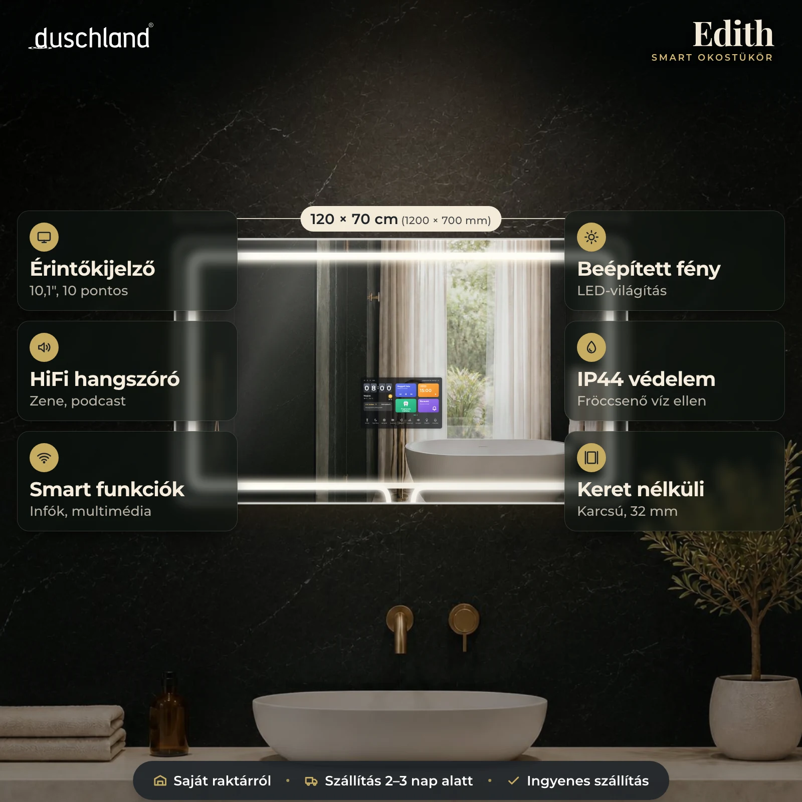 Duschland Edith okostükör 1200×700 mm – termékkép méretekkel és funkciókkal