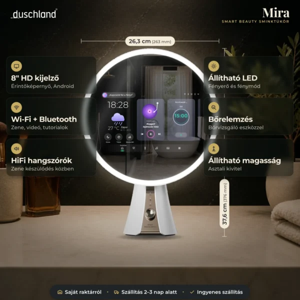 Duschland Mira Smart Beauty sminktükör – termékkép méretekkel és funkciókkal