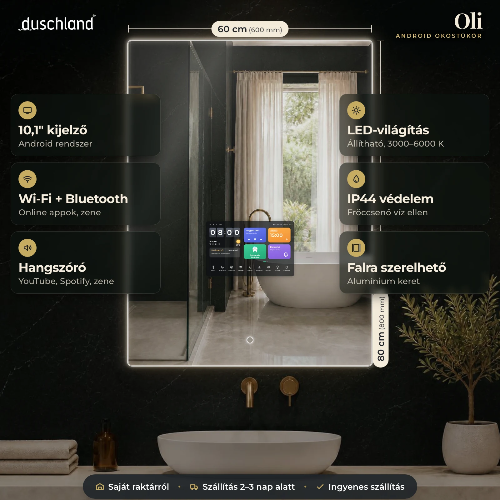 Duschland Oli okostükör 600×800 mm – termékkép méretekkel és funkciókkal
