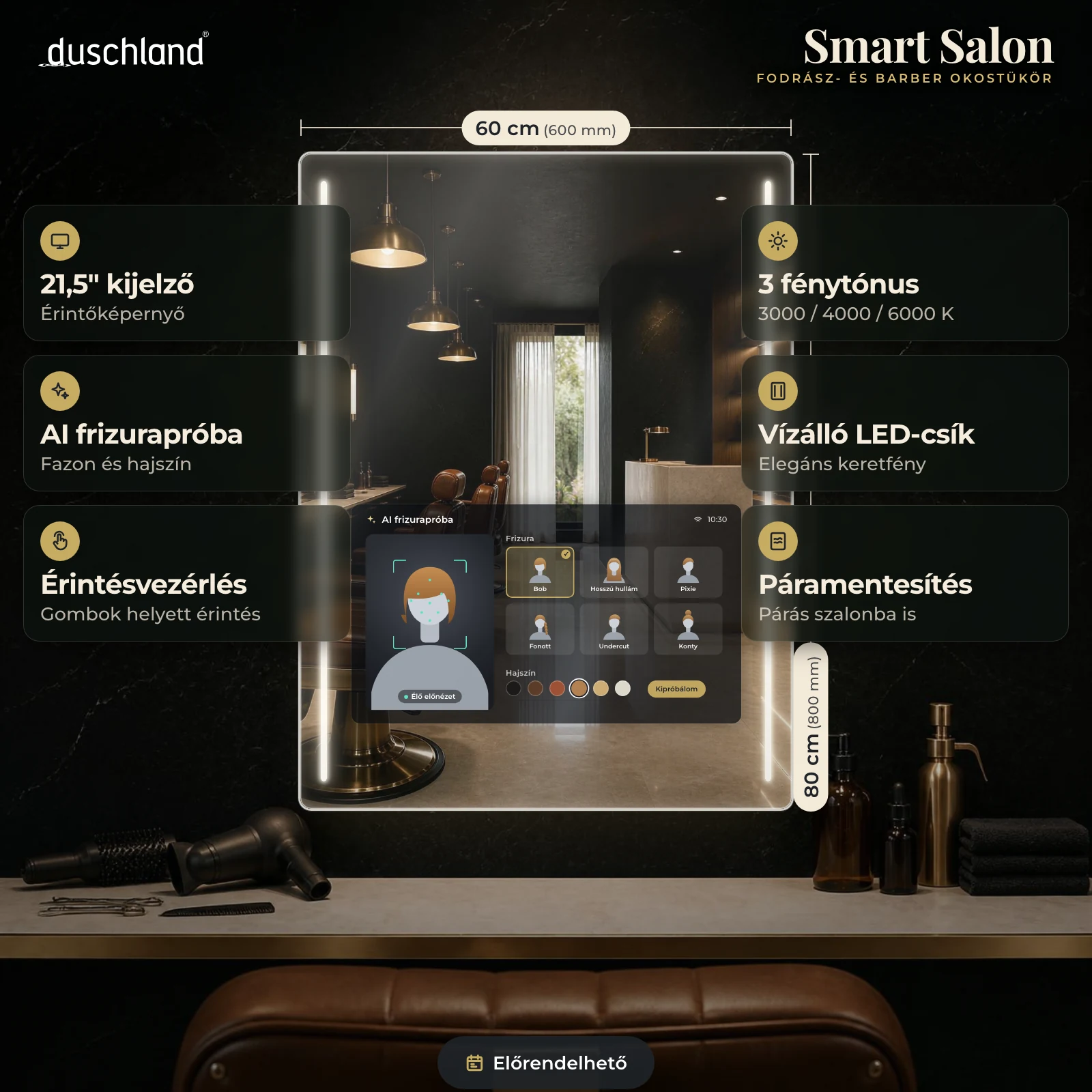 Duschland Smart Salon fodrász- és barber okostükör 600×800 mm – termékkép méretekkel és funkciókkal