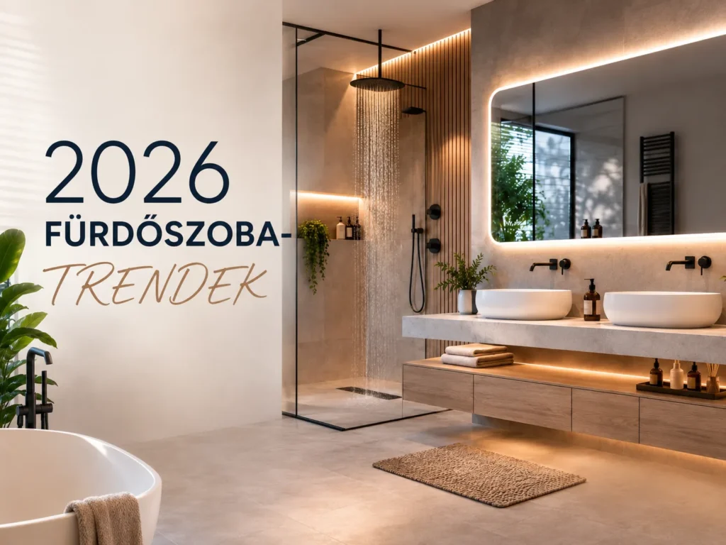 2026 fürdőszoba trendek modern okostükörrel és LED világítással