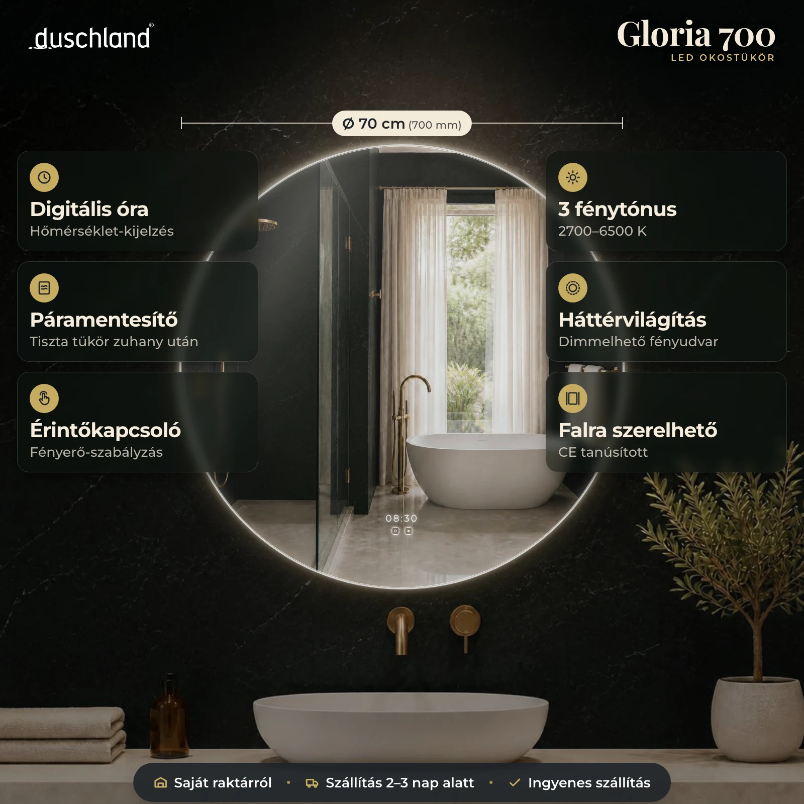 Duschland Gloria 700 kerek LED okostükör Ø700 mm – termékkép méretekkel és funkciókkal