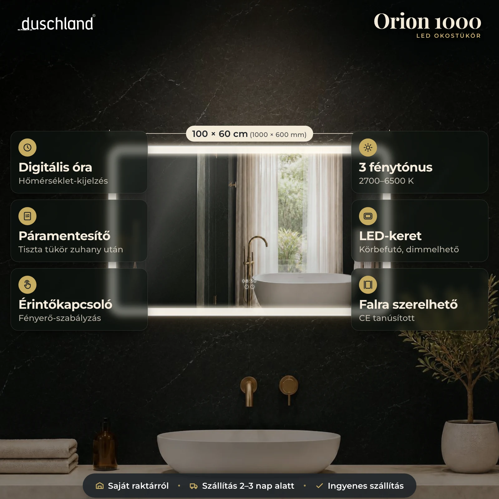 Duschland Orion 1000 LED okostükör 1000×600 mm – termékkép méretekkel és funkciókkal