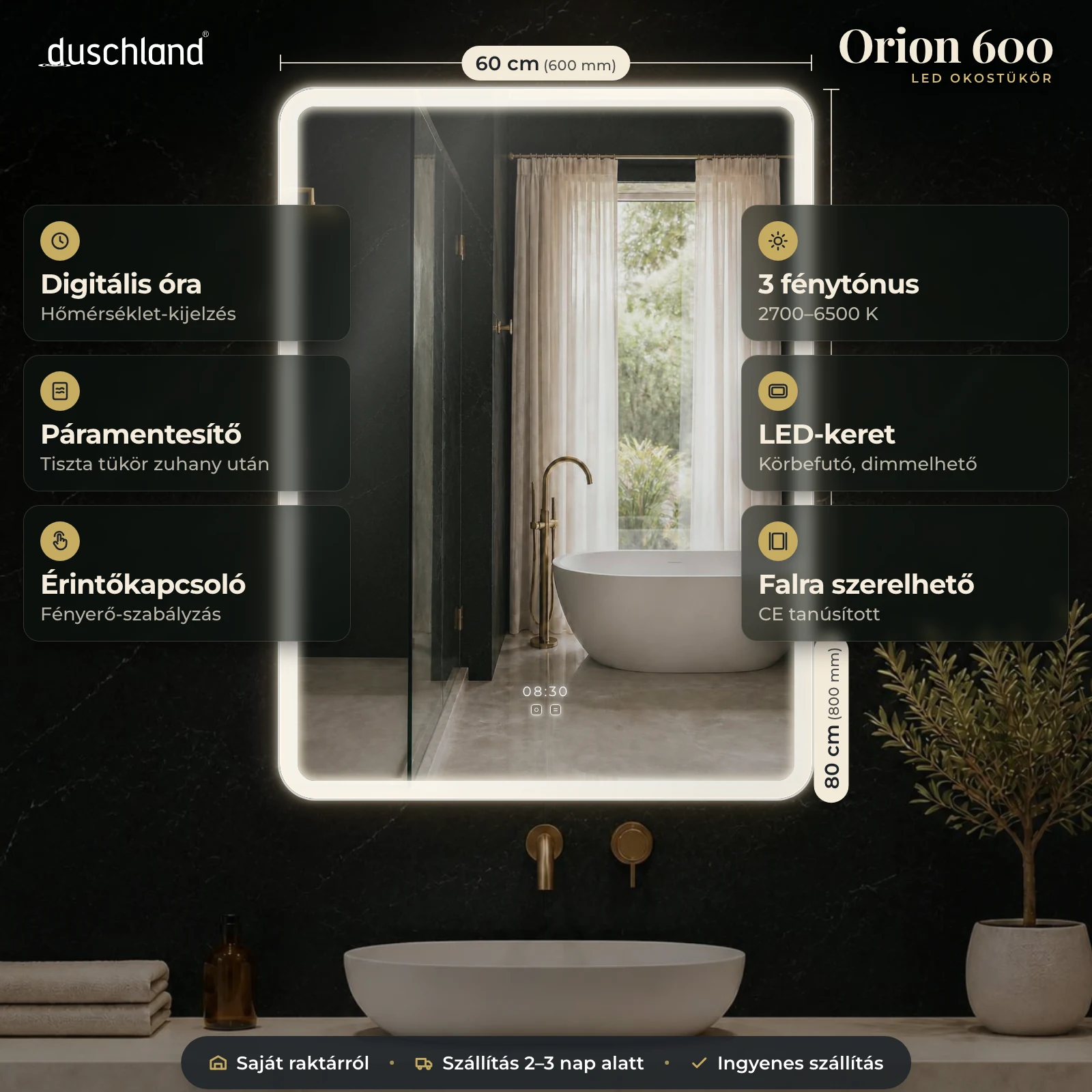 Duschland Orion 600 LED okostükör 600×800 mm – termékkép méretekkel és funkciókkal