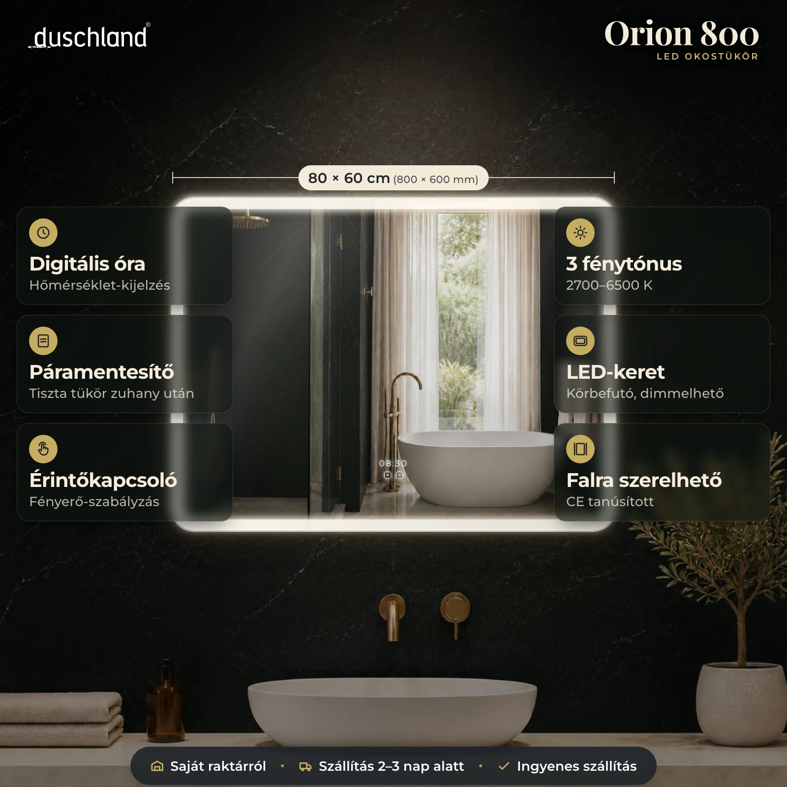 Duschland Orion 800 LED okostükör 800×600 mm – termékkép méretekkel és funkciókkal