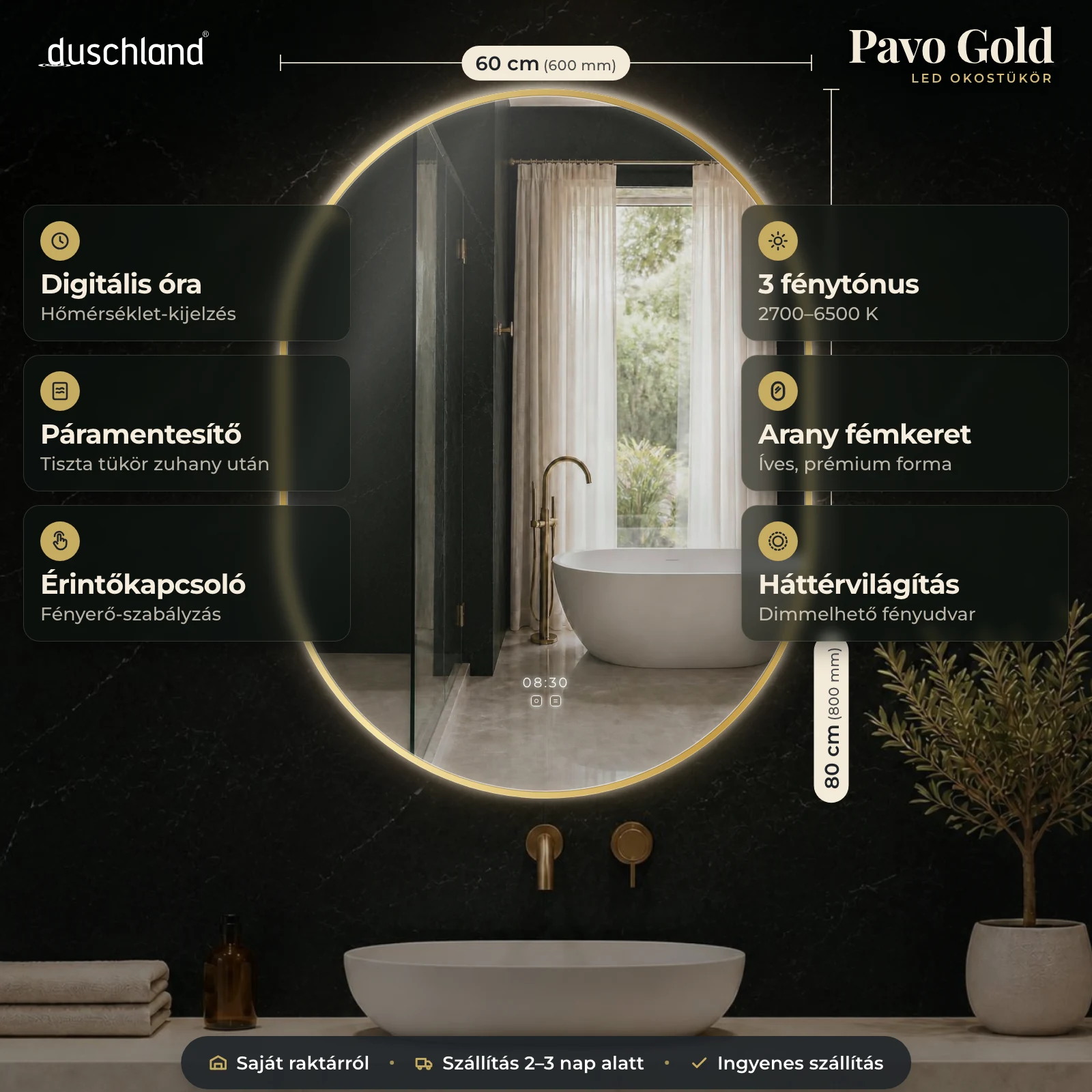 Duschland Pavo Gold LED okostükör arany kerettel 600×800 mm – termékkép méretekkel és funkciókkal