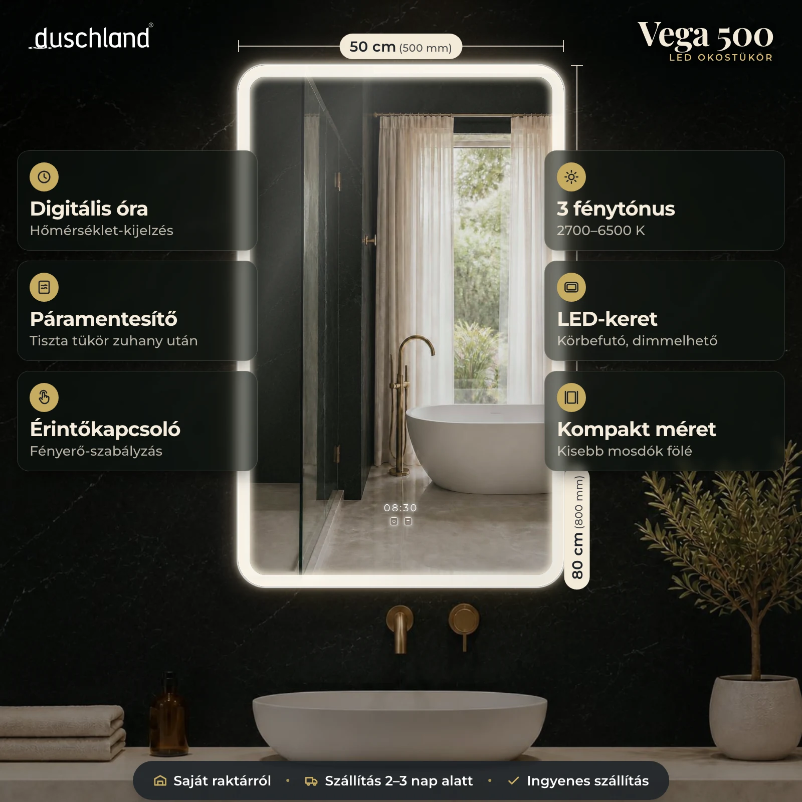 Duschland Vega 500 LED okostükör 500×800 mm – termékkép méretekkel és funkciókkal