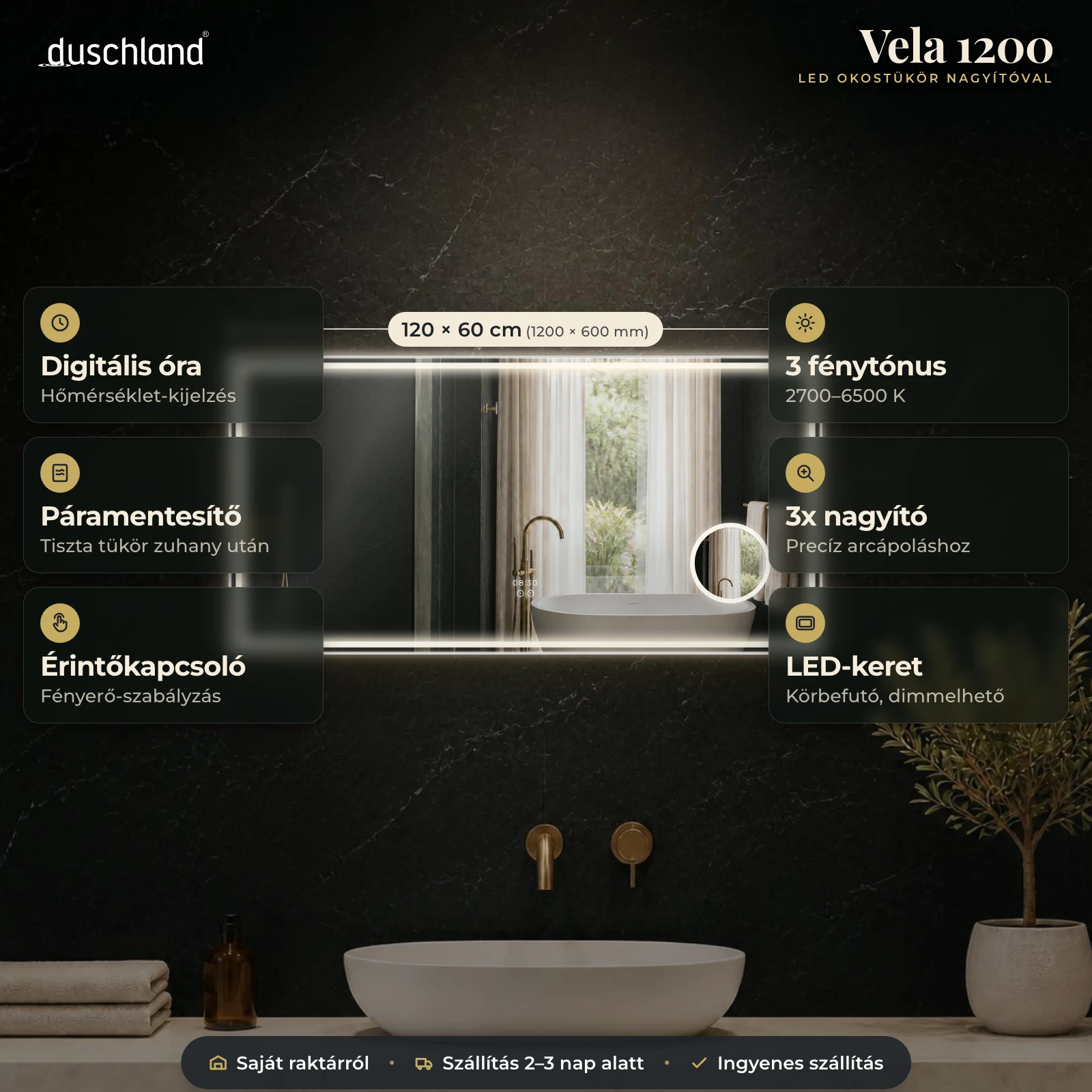 Duschland Vela 1200 LED okostükör nagyítóval 1200×600 mm – termékkép méretekkel és funkciókkal