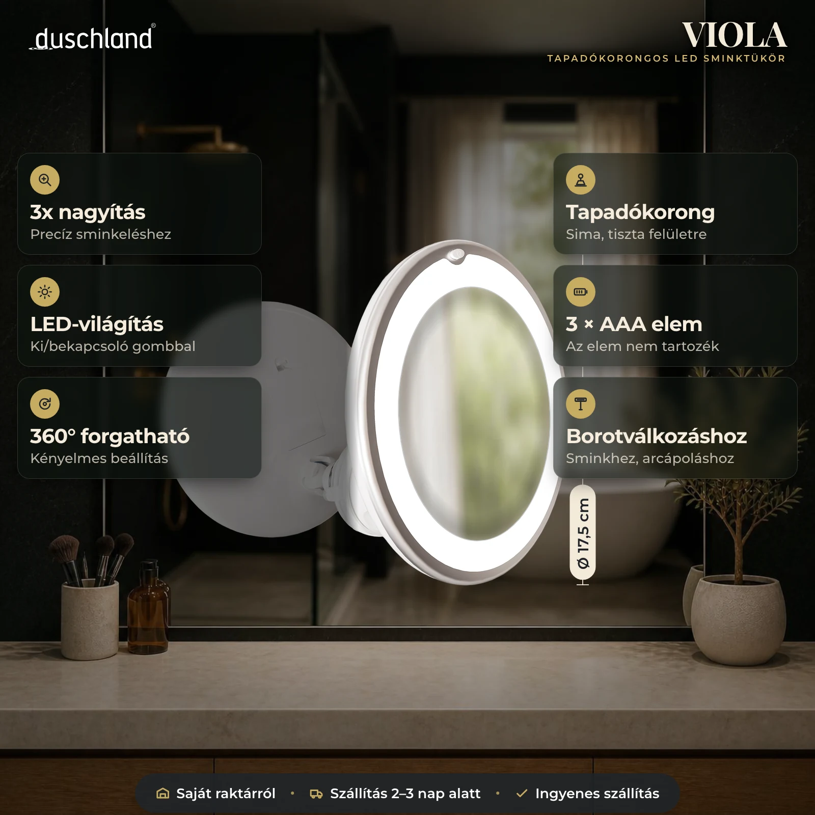 Duschland VIOLA tapadókorongos LED sminktükör Ø175 mm – termékkép méretekkel és funkciókkal