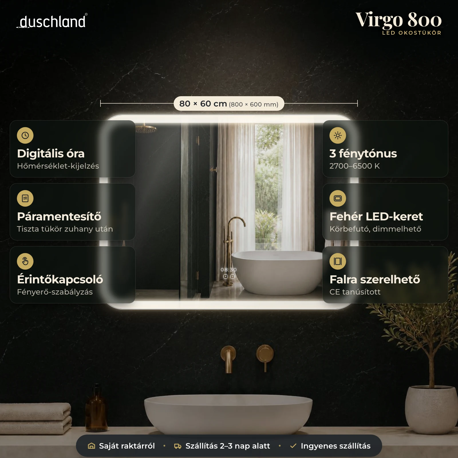 Duschland Virgo 800 LED okostükör 800×600 mm – termékkép méretekkel és funkciókkal