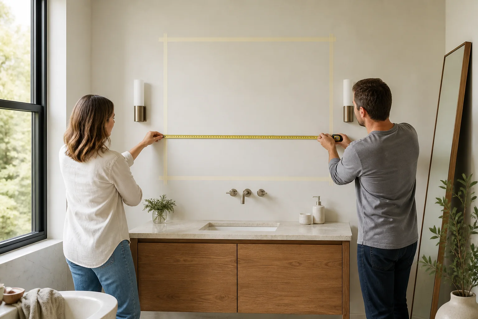 Pár maszkolószalaggal és mérőszalaggal jelöli ki a LED tükör teljes méretét a mosdó felett